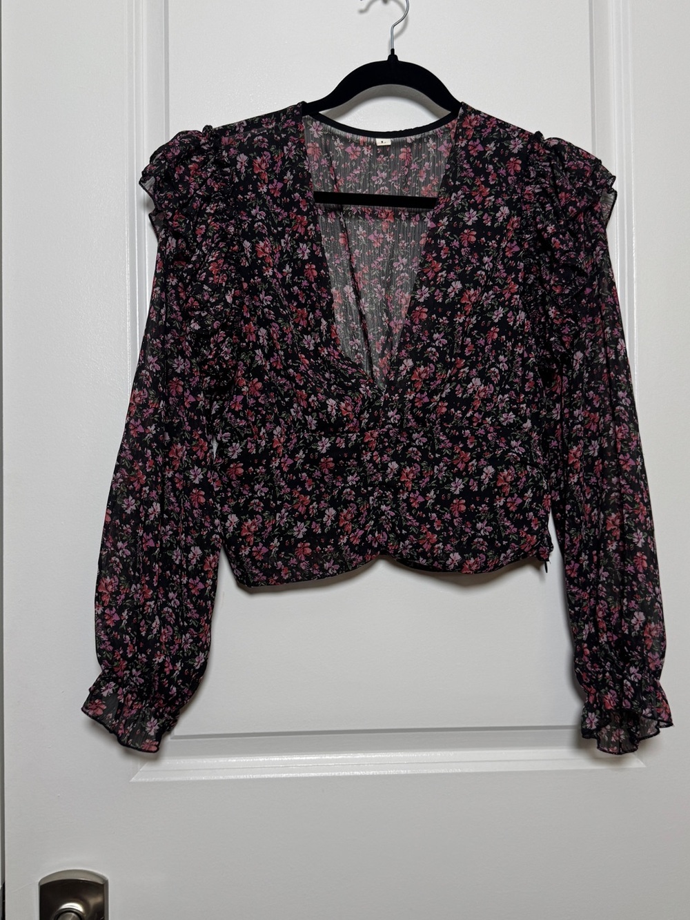 Floral V-Neck Long Sleeve Blouse - Black with Pink Floral